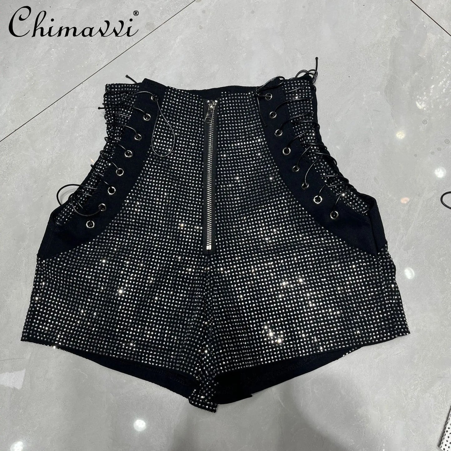 Summer New Fashion Hot Girl Design Heavy High Waistshorts Women's Tie Back Zipper Design Tight Hip Covering Nightclub Hot Pants