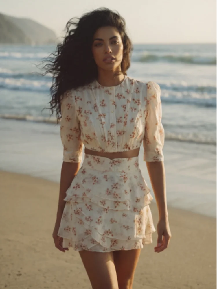 Floral Puff Sleeve Top and Mini Skirt Set for Women