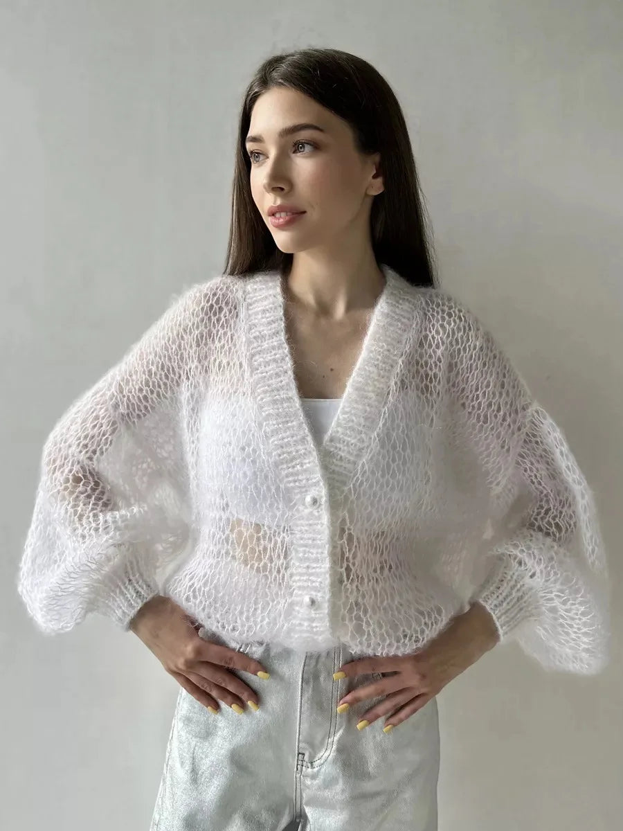 Loose Fit Open Knit V Neck Cardigan Sweater for Women
