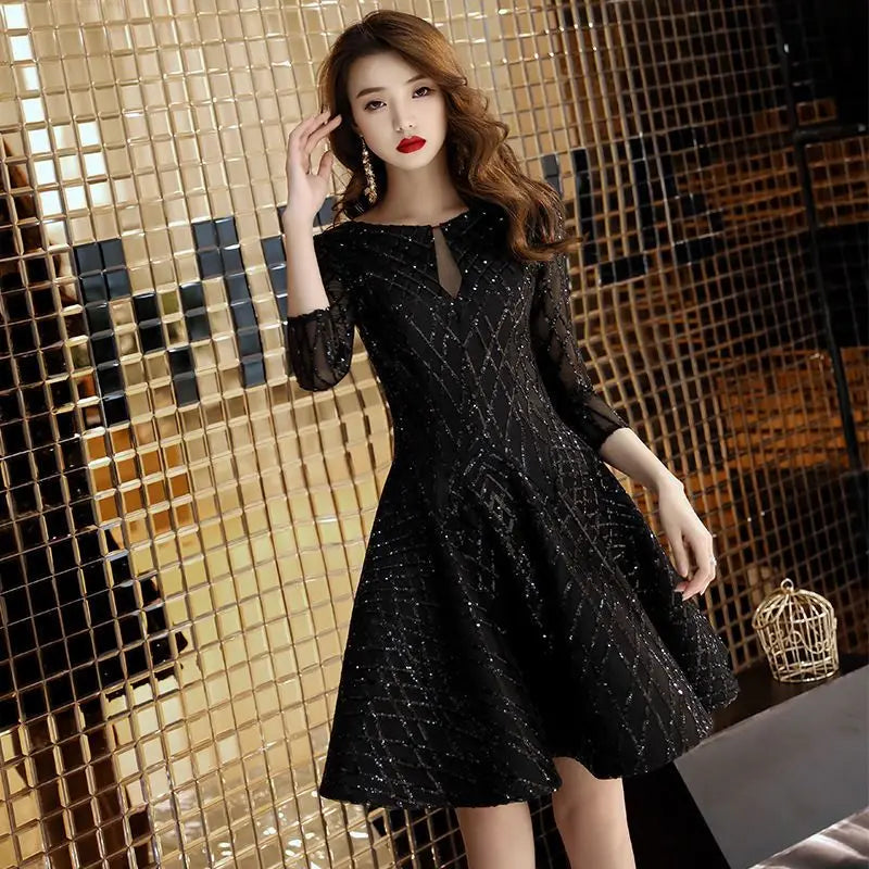 Black O-Neck Mid-Calf Evening Dress With Tatting For Women