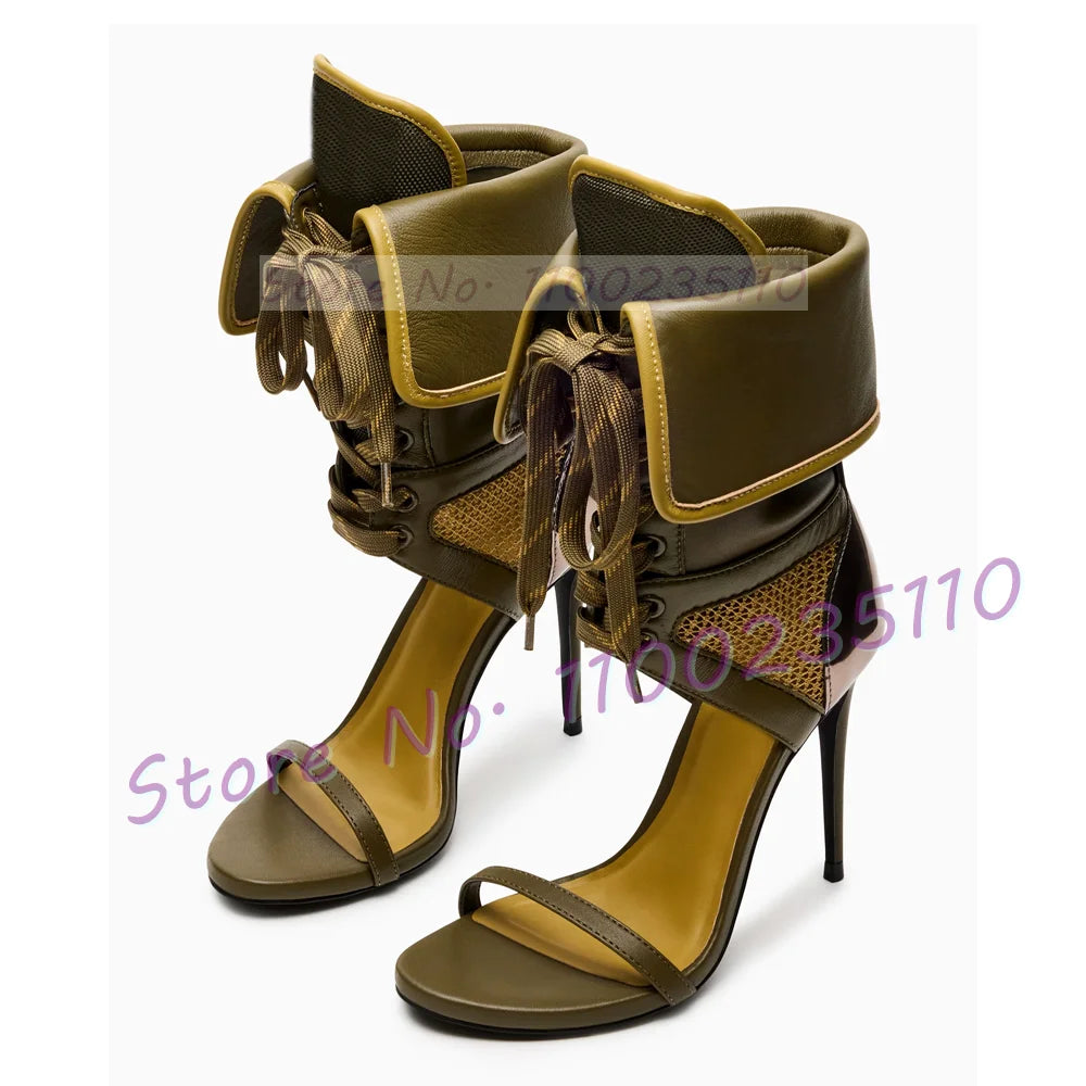 Army Green Lace Up Ankle Strap High Heel Sandals For Women