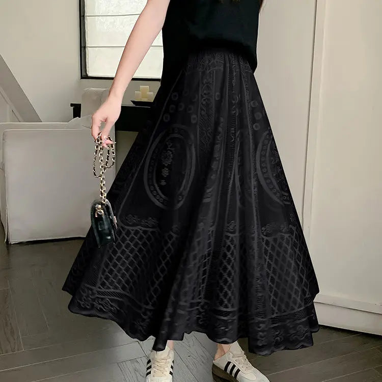 High Waisted Lace A Line Swing Midi Skirt for Women