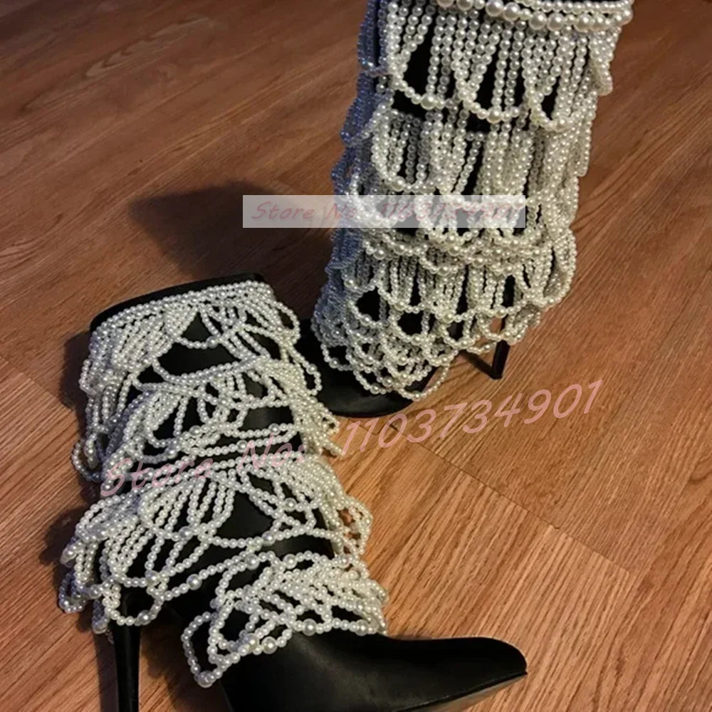 Pearl Chain Embellished Satin Mid Calf Pointed Toe Boots for Women