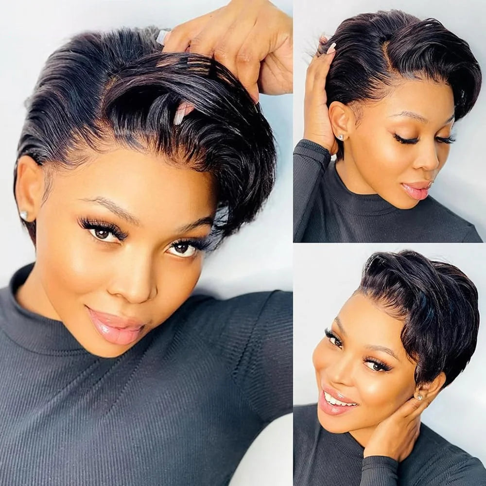 Layered Straight Pixie Cut Human Hair Lace Front Wig for Women