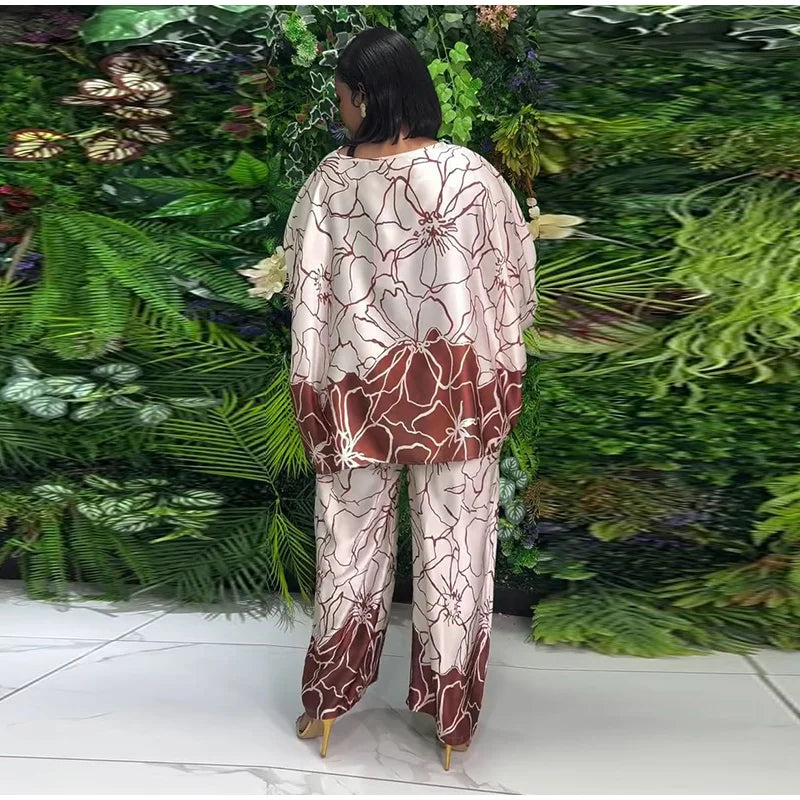 Floral Print Satin Lantern Sleeve Two Piece Set for Women