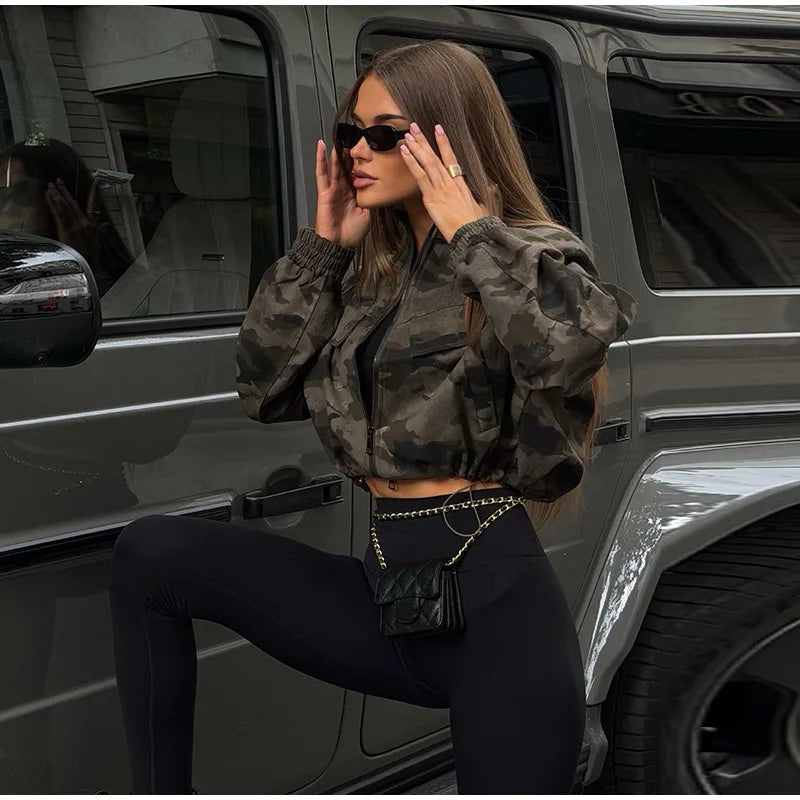 Y2K Camouflage Cropped Zip Jacket With Stand Collar for Women