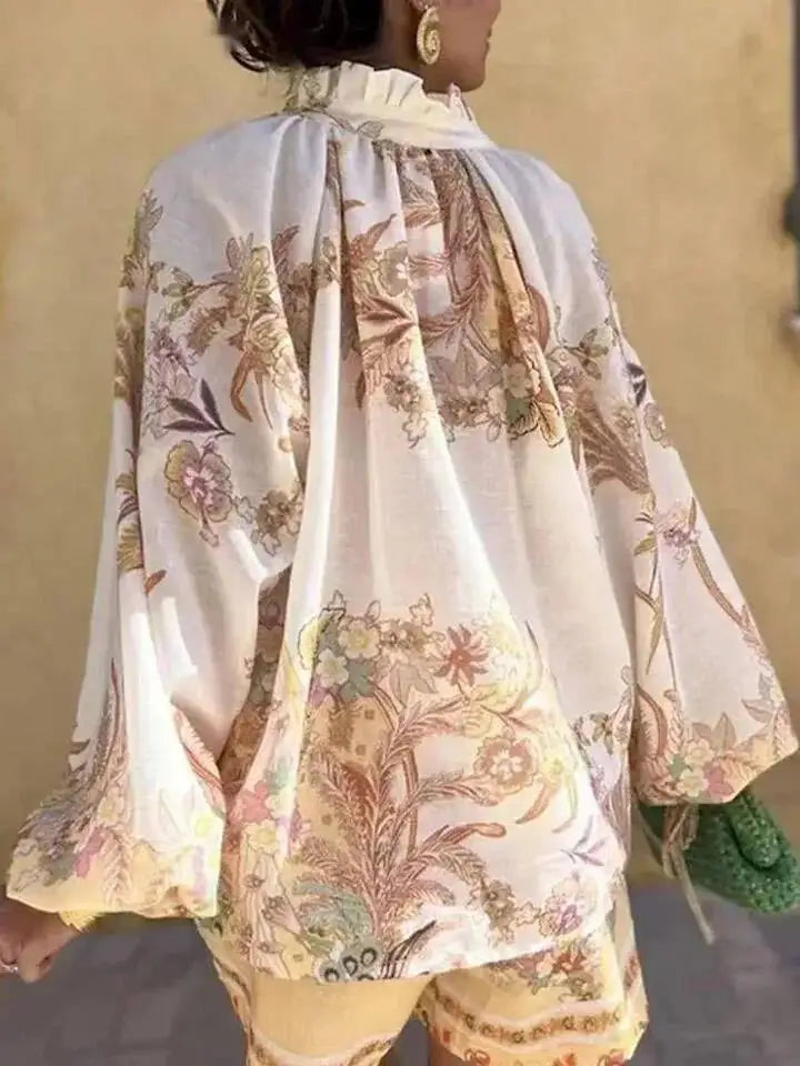 Loose Stand Collar Lantern Sleeve Top and Shorts Set for Women