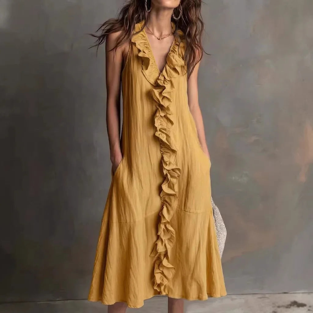 Solid Color Ruffle Trim V Neck Sleeveless Midi Dress with Pocket for Women