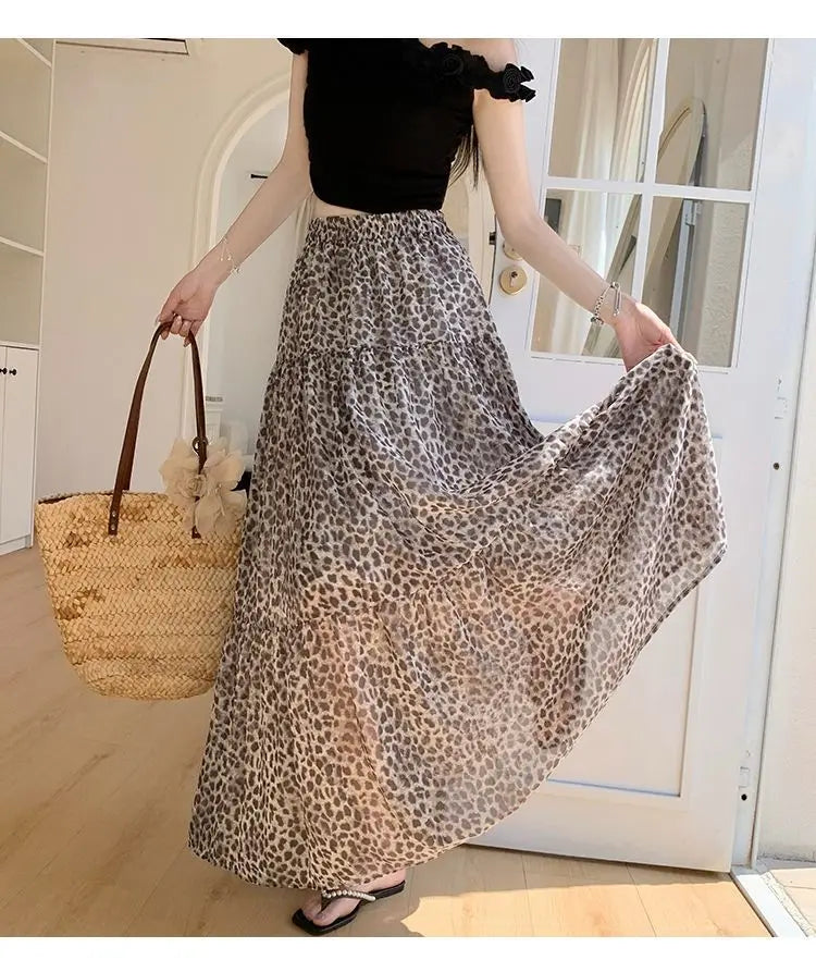 Vintage Leopard Print Tiered Maxi Skirt For Women