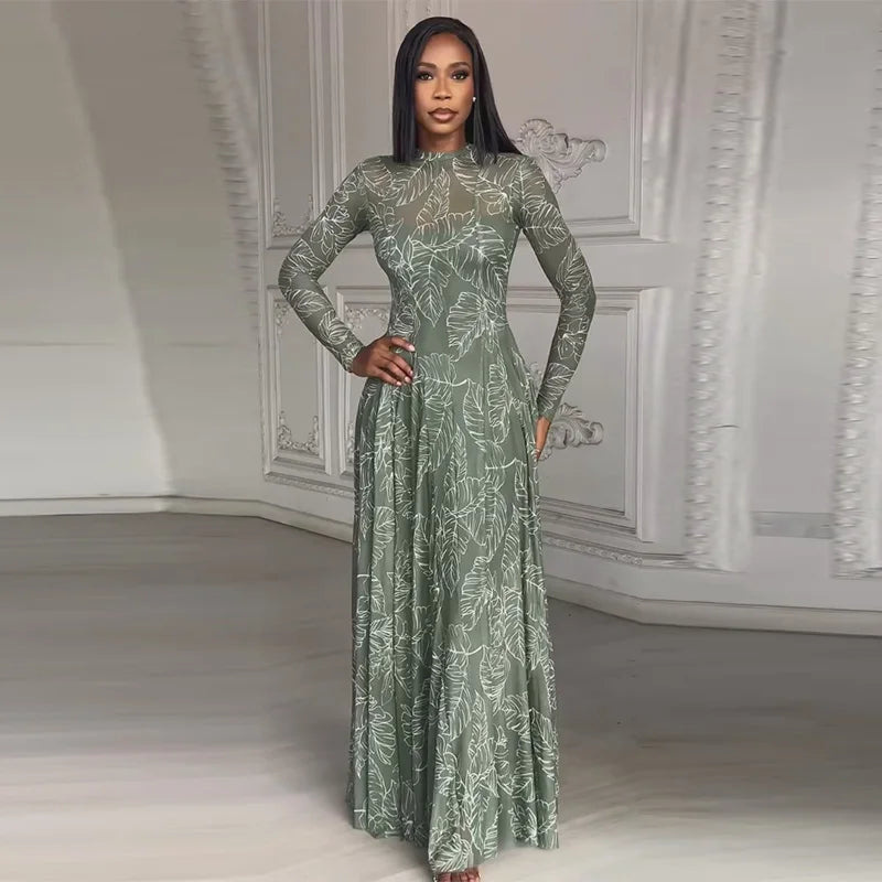 Beach Print Pleated Long Sleeve Maxi Dress for Women