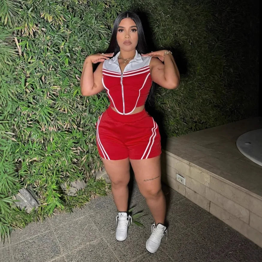 FAGADOER Casual Stripe Patchwork 2 Pieces Set for Woman Sleeveless Zipper Top and Pockets Shorts Outfits Female Sportywear New