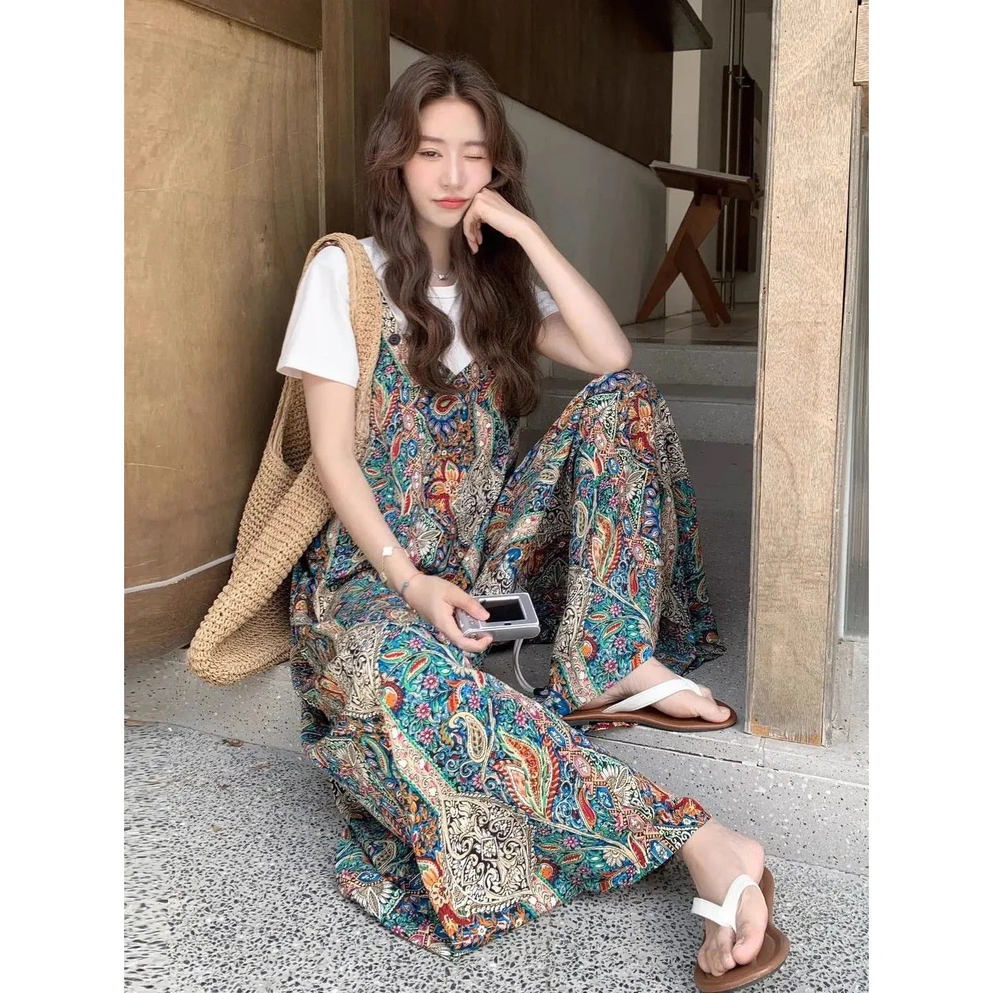 Vintage Bohemian Printed Wide Leg Casual Jumpsuit For Women