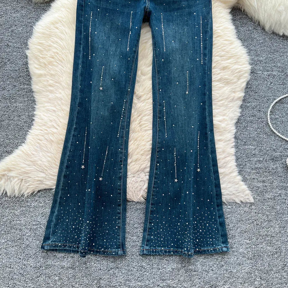High-Waisted Rhinestone Embellished Flare Jeans for Women