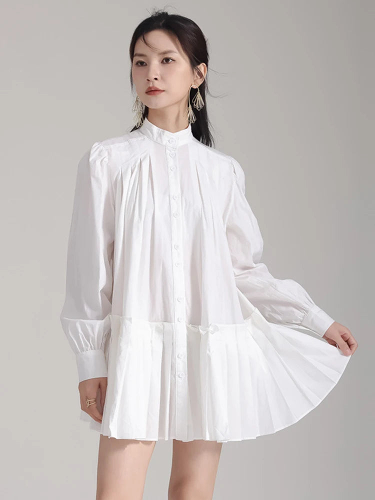 [EAM] Women Blue Pleated Hem Long Big Size Blouse New Stand Collar Long Sleeve Shirt Fashion Tide Spring Autumn 2025 1DH5707