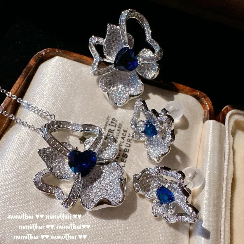 925 Silver Carved Flower Cubic Zirconia Jewelry Set for Women