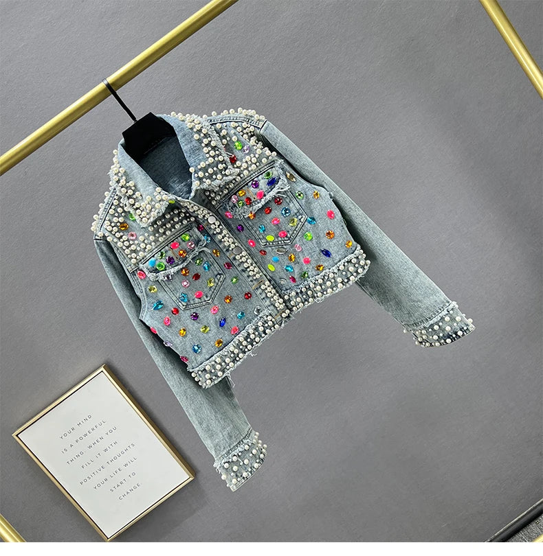 Rhinestone Studded Beaded Denim Lapel Jacket For Women