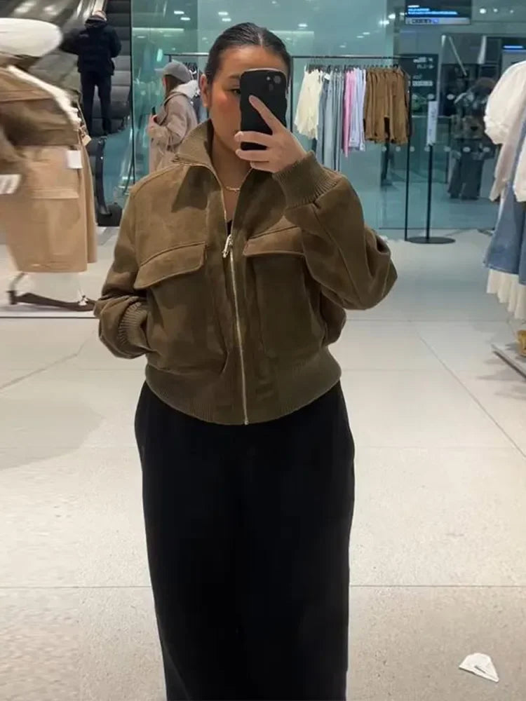 Vintage Suede Long Sleeve Jacket with Pockets for Women