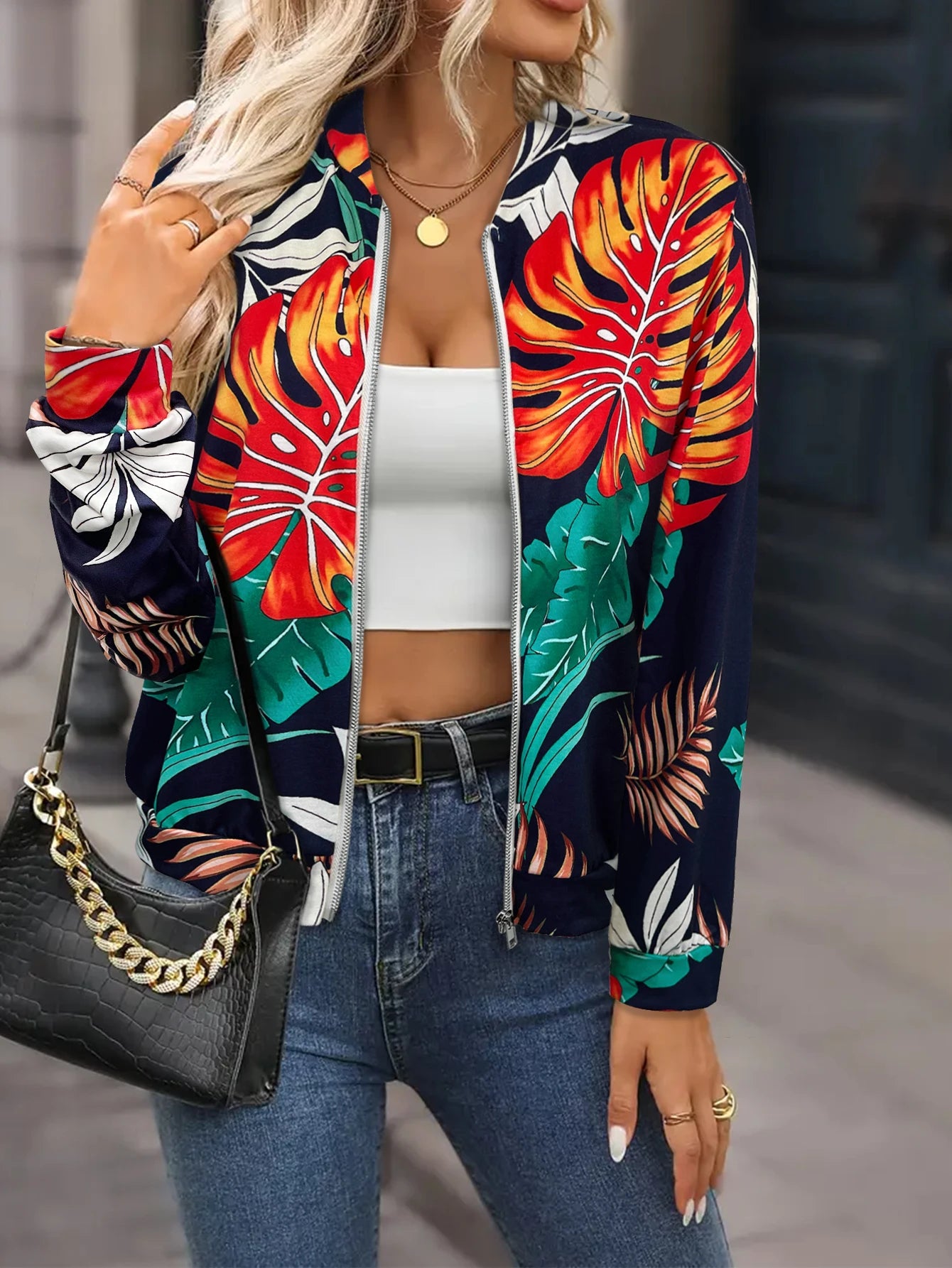 Vibrant Tropical Leaf Print Bomber Jacket