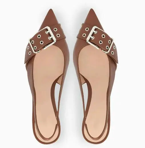 Matte Leather Big Buckle Kitten Heel Slingback Sandals for Women