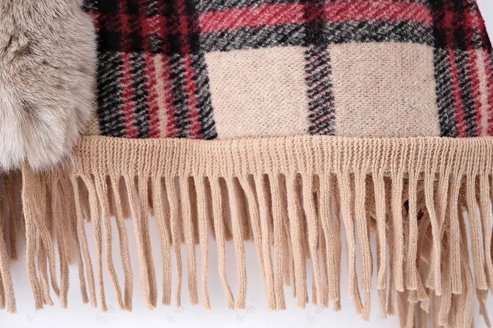 Faux Rabbit Fur Plaid Hooded Poncho Coat for Women