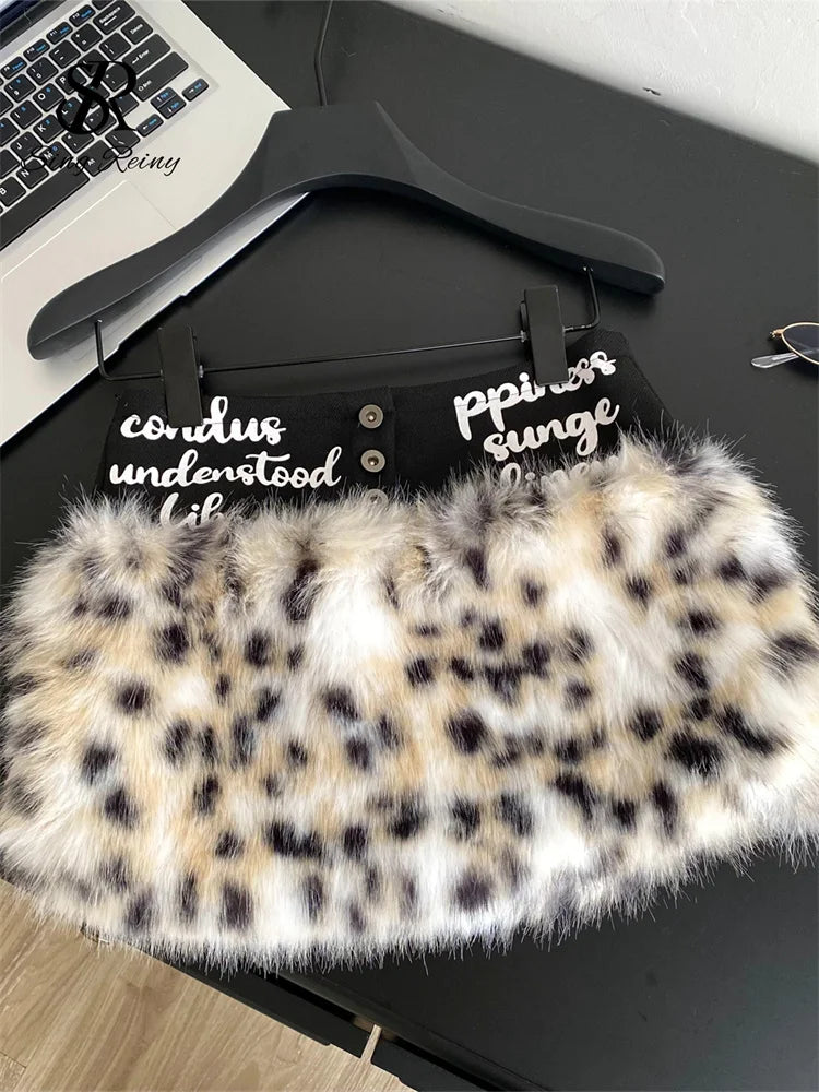 Leopard Print Furry A-Line Mini Skirt With Zipper for Women