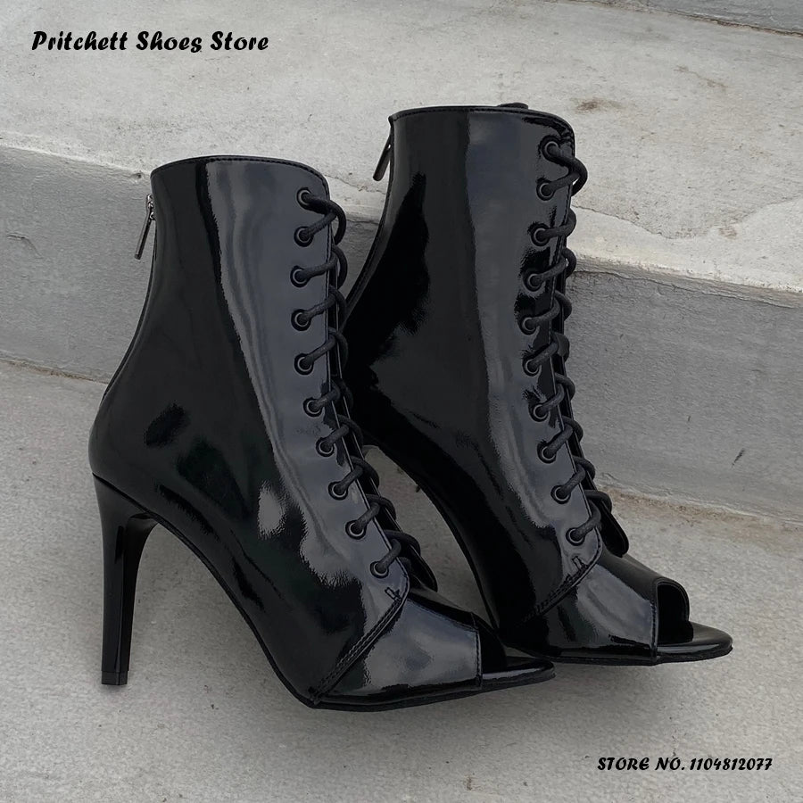 White Lace Up Heeled Open Toe Ankle Boots for Women
