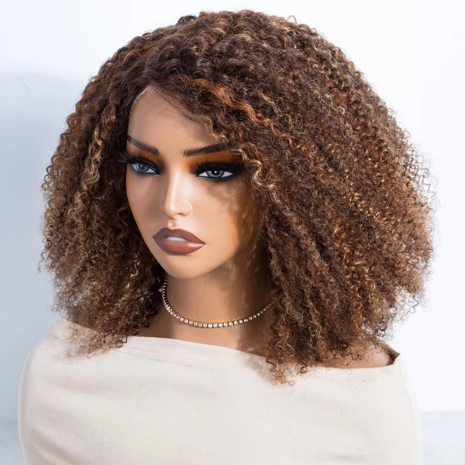 Ombre Brown Kinky Curly Glueless Bob Lace Wig for Women