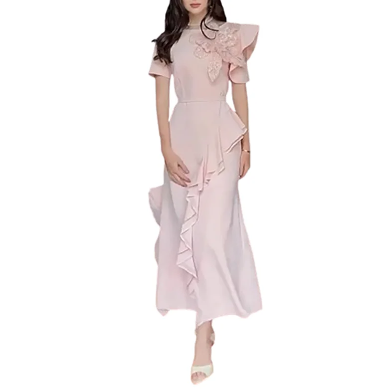 Fashion Flower Patchwork Lotus Leaf Edge Long Dress Casual Summer Banquet Dresses Ladies Temperament O-neck Short Sleeved Dress