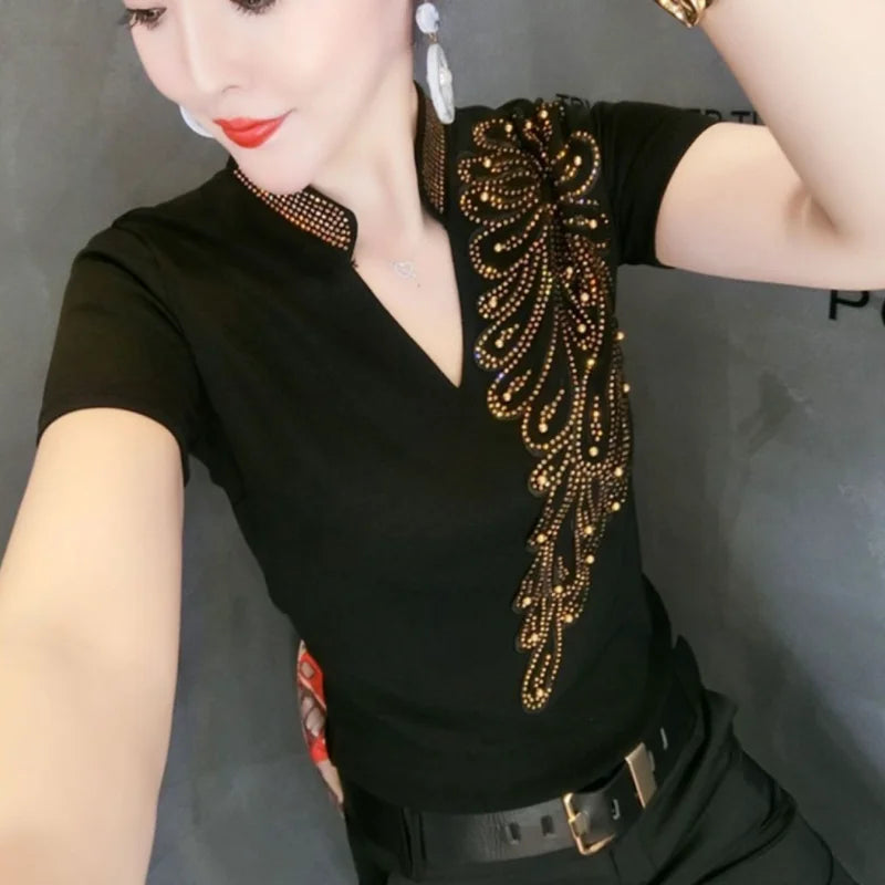 Sequin Women Tops Sleeve Polo Shirt Rhinestone Pulovers Vintage Glitter Luxury Women's Blouses Promotion Free Delivery Neck Cute