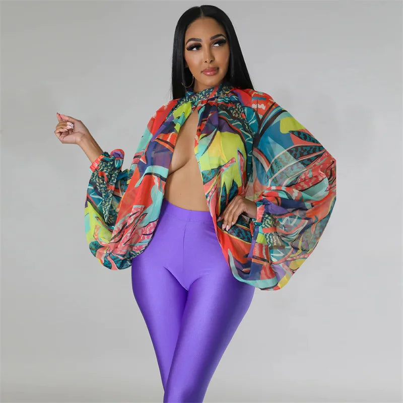 Printed Batwing Sleeve Chiffon Blouse With Sheer Front for Women