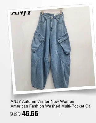 ANJY Autumn New Women's Streetwear Y2K Chic Fashion Safari Style Niche Personality Spliced Button Jeans Casual Denim Pants A7689
