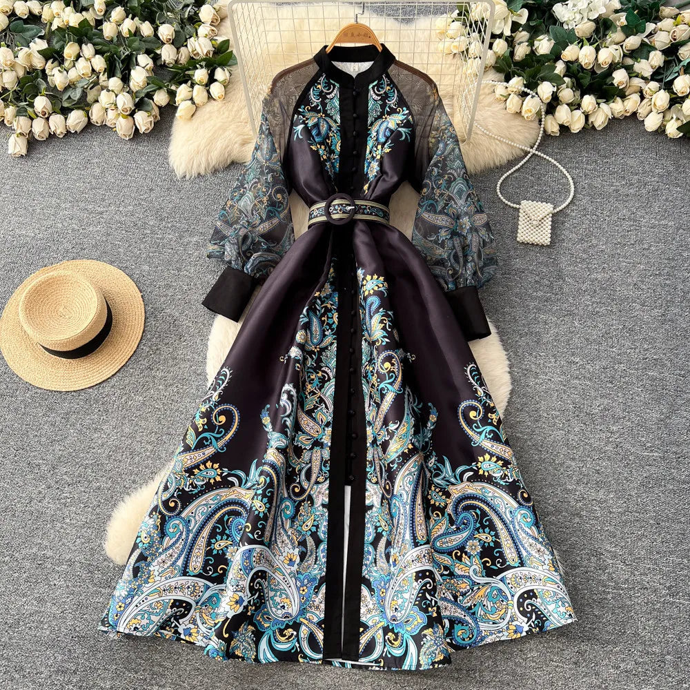 Elegant Printed Mesh Spliced A Line Maxi Dress for Women