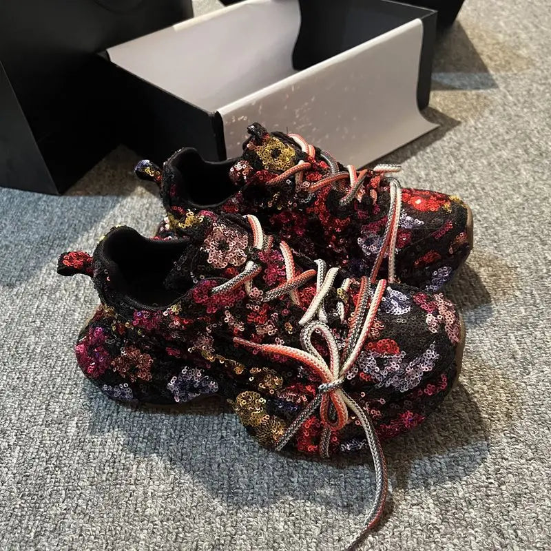 Sparkling Crystal Platform Lace Up Sneakers for Women