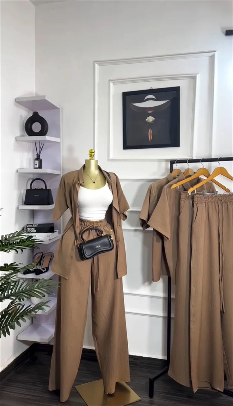 Casual Two Piece Shirt and Wide Leg Pants Set for Women