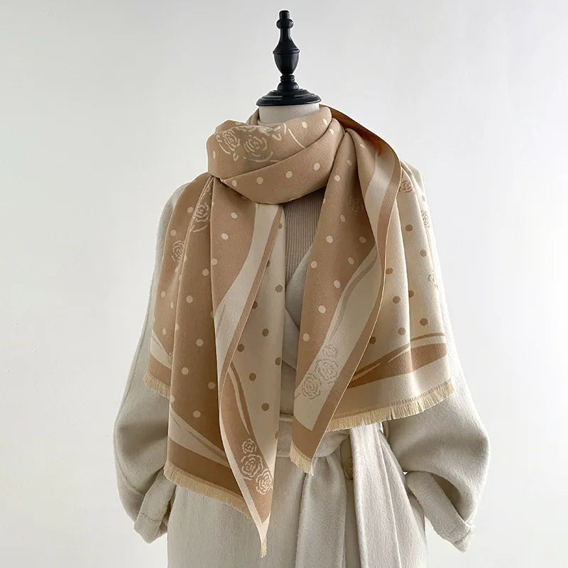 Rose Dot Print Knit Fringe Scarf
