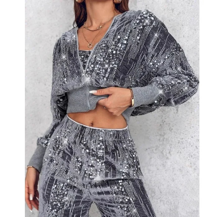 Fashion Sequin Jacket Women Clothing Hooded Y2k Casual Velvet Contrast Daily Long Sleeve Zip Up Coats for Female Streetwear