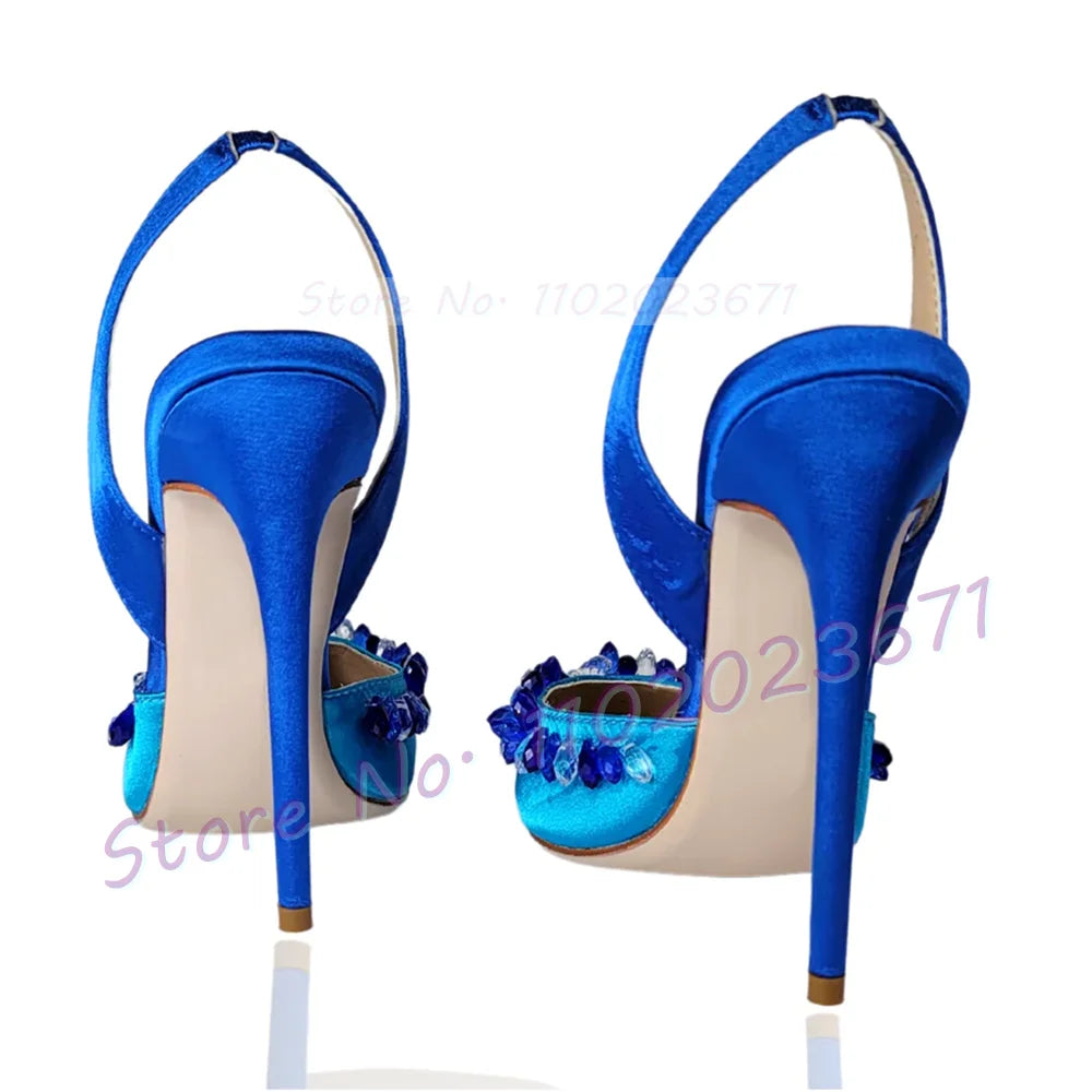 Elegant Blue Crystal Trim Satin Pointy Toe Heels For Women