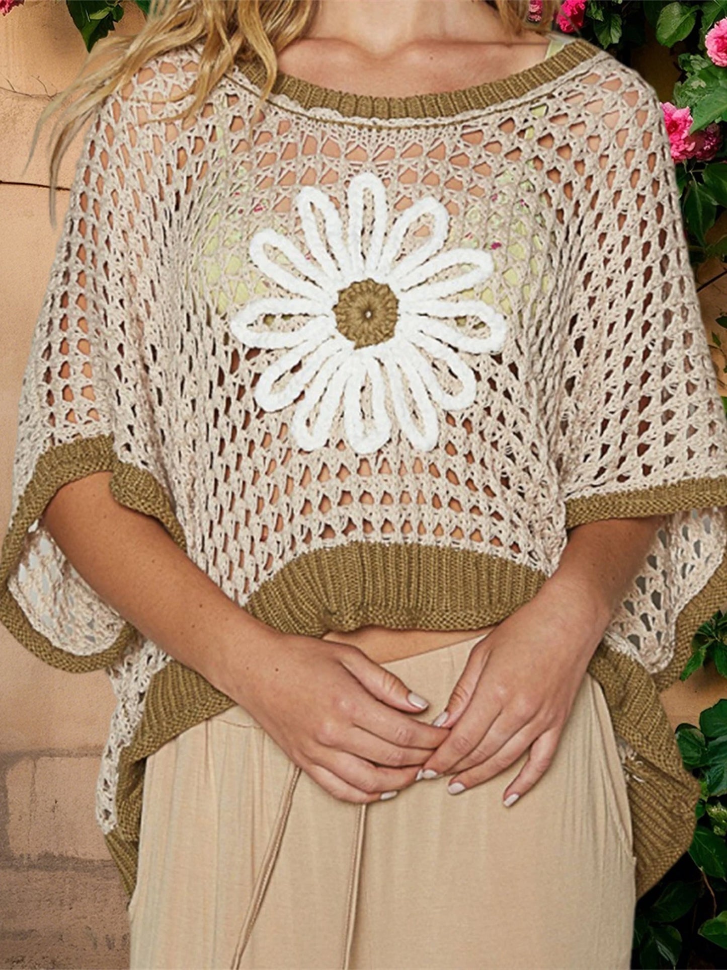 Casual Crochet Hollow Out Daisy Embroidery Top for Women
