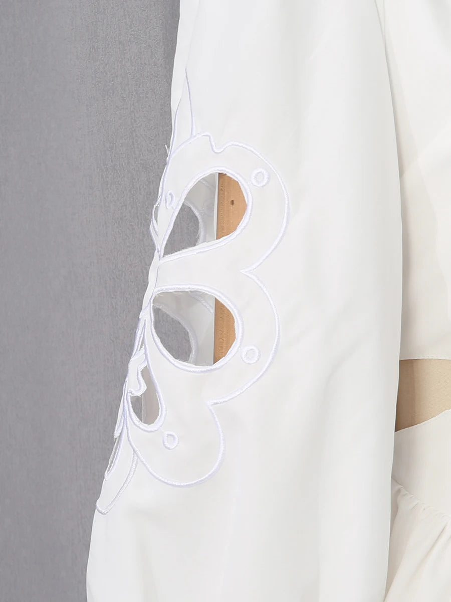 White Floral Cutout Puff Sleeve Gown With Asymmetric Train for Women