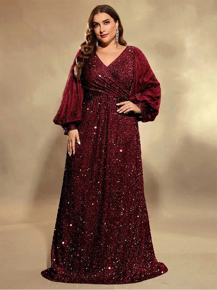 Plus Size V Neck Sequin Evening Dress