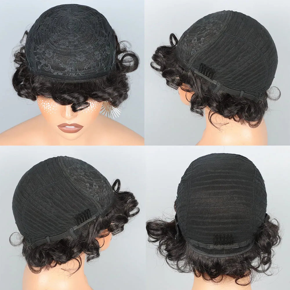 Short Curly Layered Pixie Cut Human Hair Wig for Women