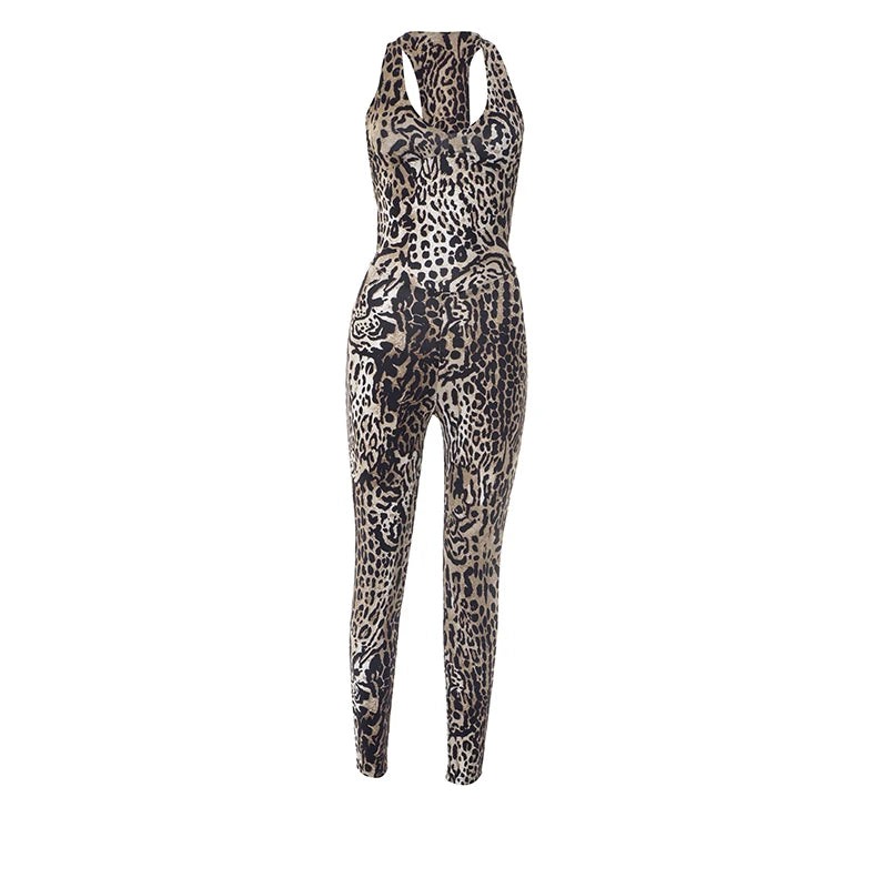 Leopard Print Sleeveless Jumpsuit with Stretch for Women