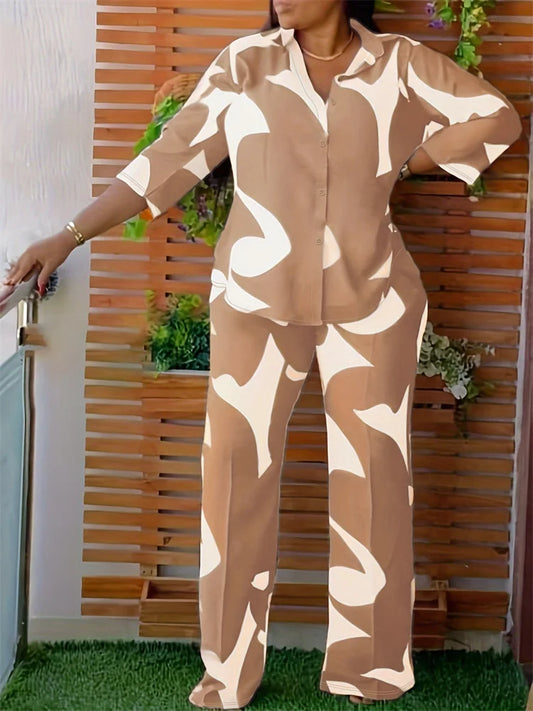 Wmstar Plus Size Two Piece Set Women Wholesale Print Pants Sets  Button Shirts Top and Flared Trousers New in Summer 2025