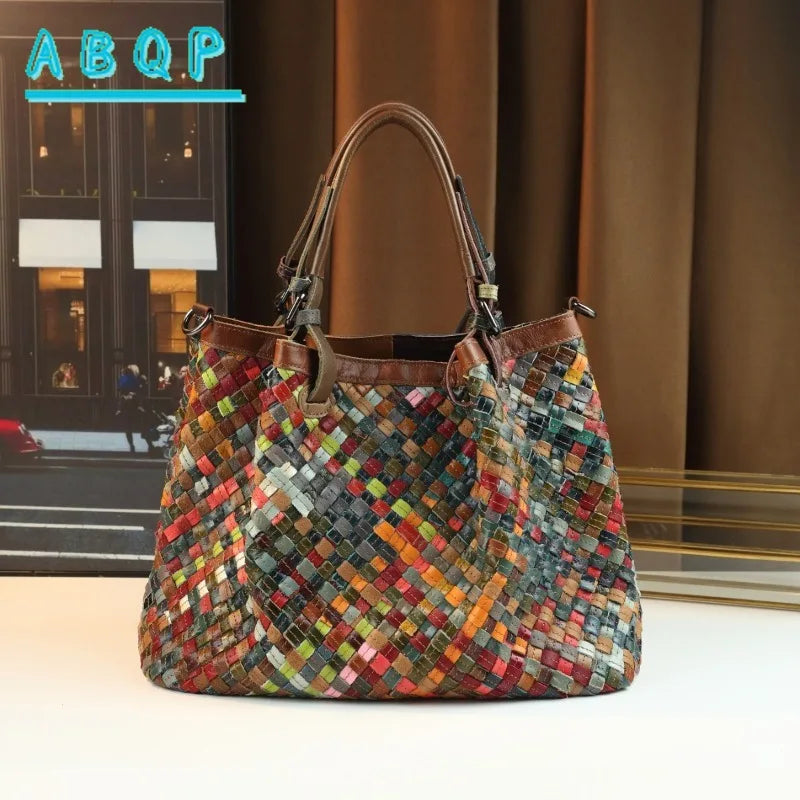 ABQP New Women's Handbag Made of Genuine Leather Hand Woven Women's Single Shoulder Crossbody Bag Color Spliced Women's Bag