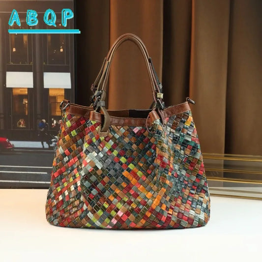 ABQP New Women's Handbag Made of Genuine Leather Hand Woven Women's Single Shoulder Crossbody Bag Color Spliced Women's Bag