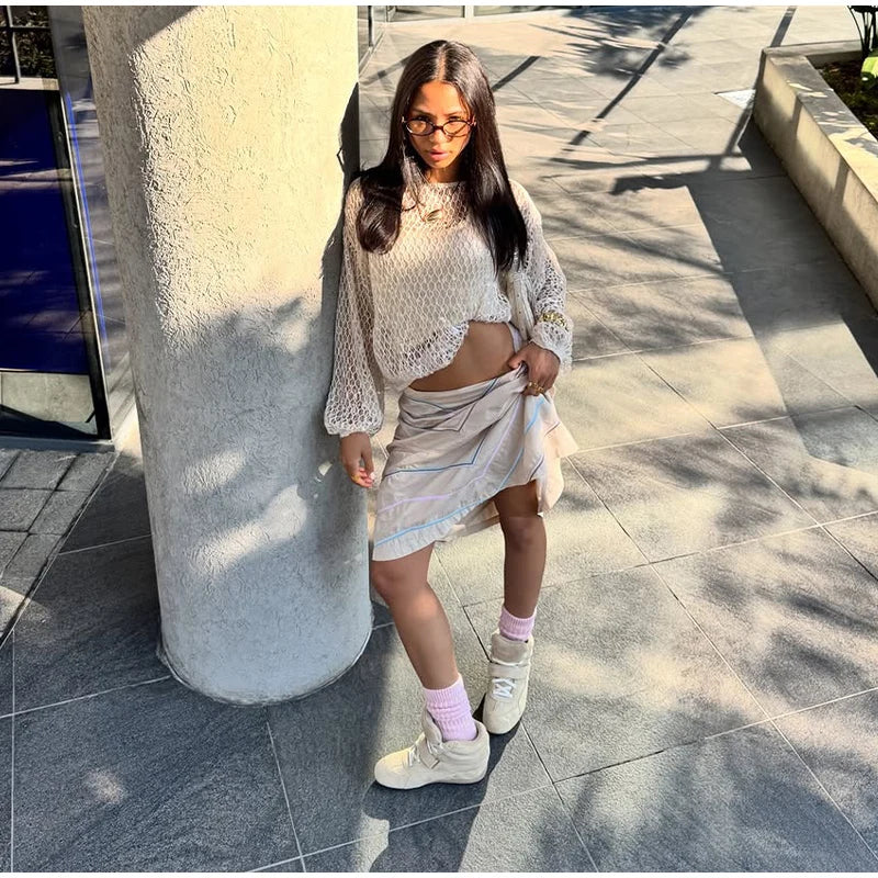 White Hollow Crochet Off Shoulder Long Sleeve Top For Women