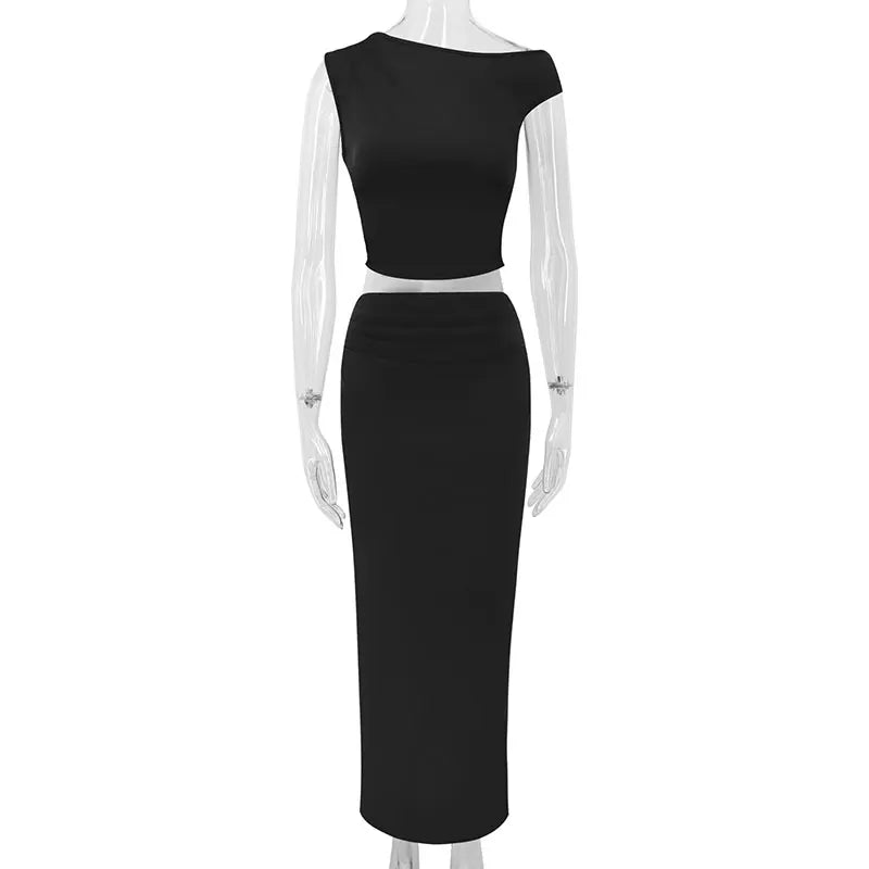 Women's Tank Maxi Skirt Spring New Two Piece Fashion Tank Black Sexy Split Skirt Lady Casual Slim Elegant High Quality Clothing