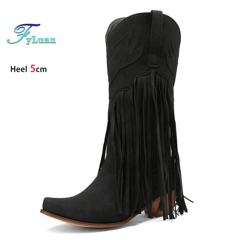 Retro Western Style Mid Calf Boots With Block Heel Tassels For Women