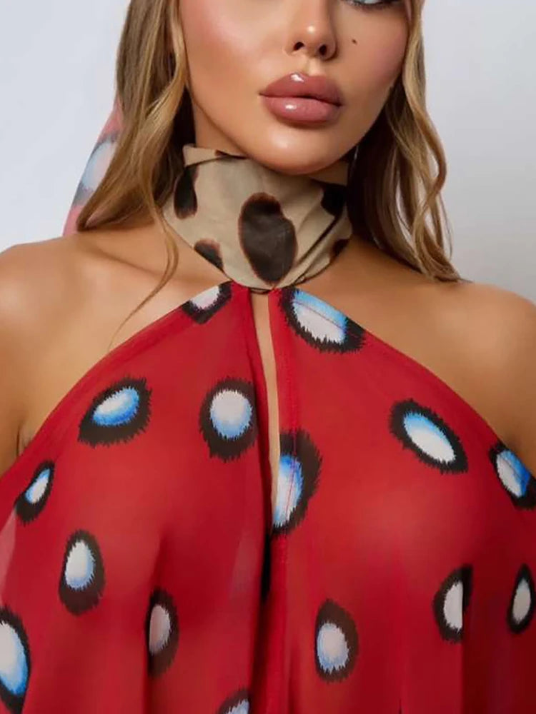 Polka Dot Halter Backless Playsuit With Headscarf for Women