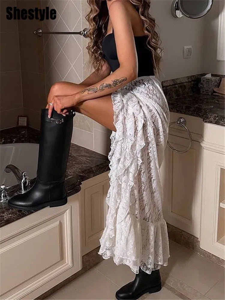 Elegant Asymmetrical Floral Lace Maxi Skirt for Women